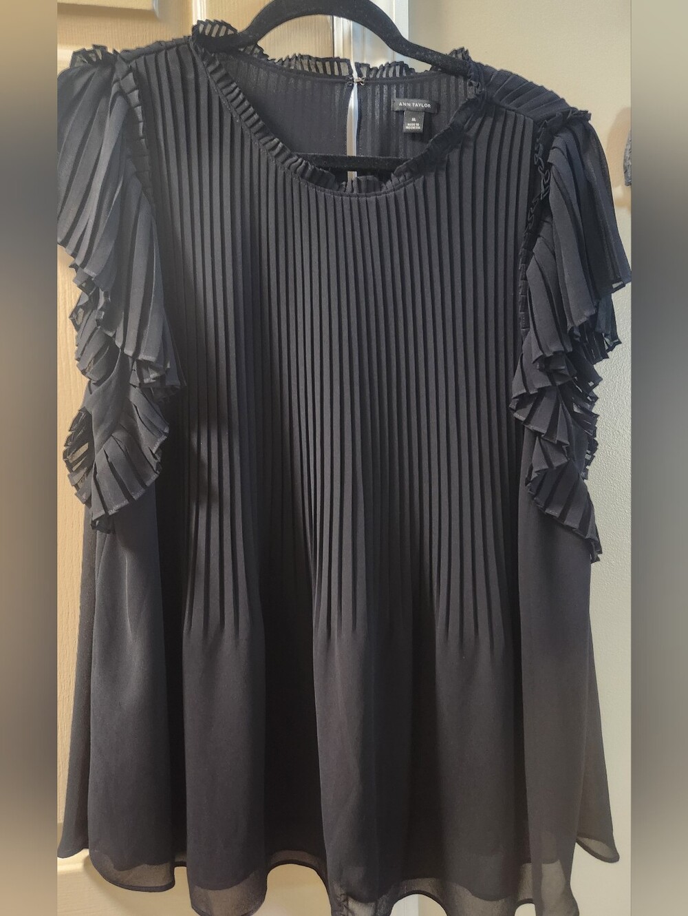 Ann Taylor Black Pleated Ruffle Sleeve Blouse